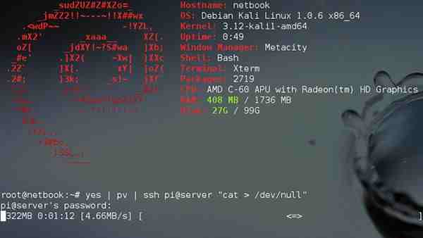 Powerline-Geschwindigkeitsmessung zwischen Netbook und Raspberry Pi mittels SSH. Screenshot: PCDAILY